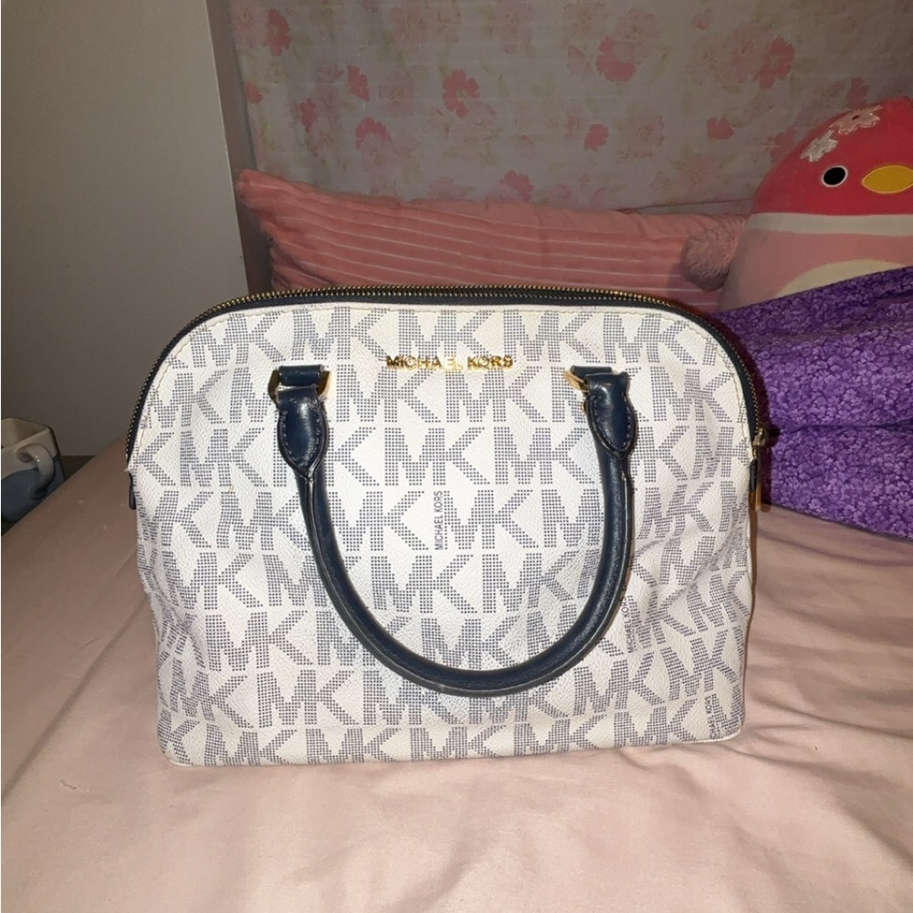 Michael Kors Monogram White and Navy Satchel